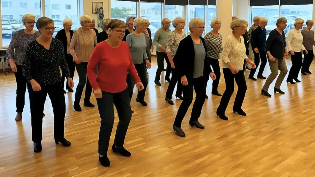 Þátttakendur í Línudansi FEBH dansa saman með bros á vör í Hraunseli.